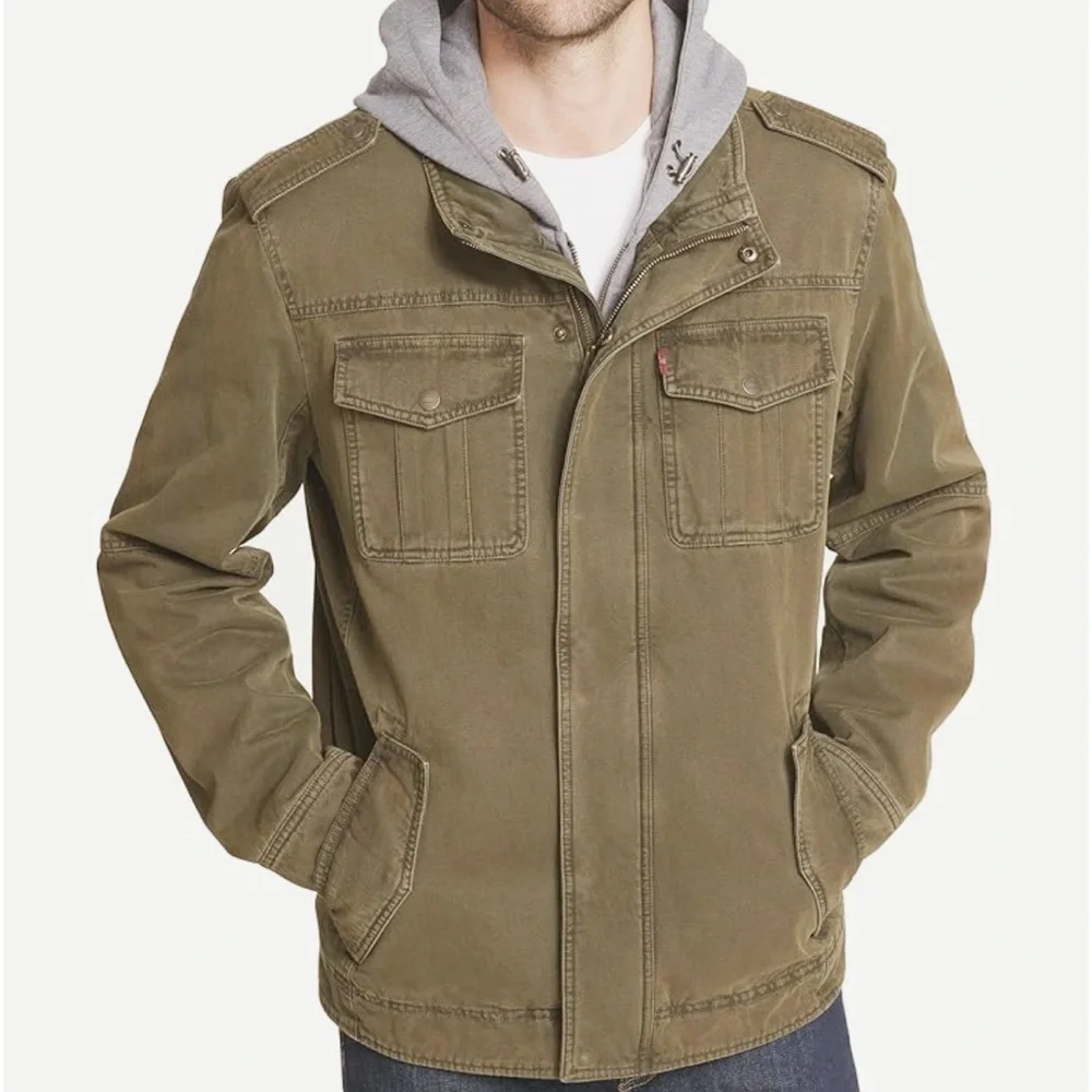 LEVI’S Washed Cotton Brown Jacket Removable Hood Snap/Zipper Front Size Small
